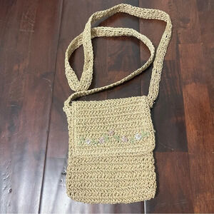 Vintage Straw Mini Crossbody Embroidered Shoulder bag Purse Floral